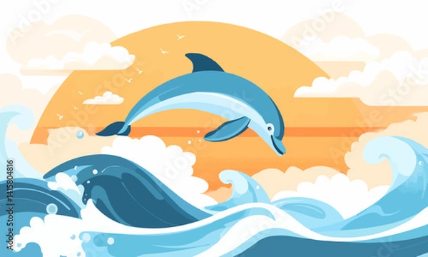 Fototapeta Dolphin leaping from ocean waves on a sunny day