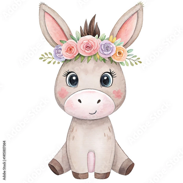 Obraz Cute donkey in a flower crown. Watercolor isolated illustration. 