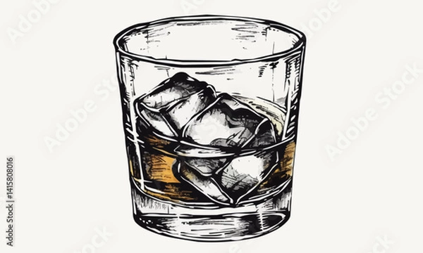 Fototapeta Glass of whiskey or bourbon hand drawn in sketch. Engraving style vector illustration