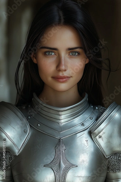 Obraz Close-up Portrait of a Young Woman, Approximately 20-25 Years Old, Wearing Medieval-Style Armor; Serene Expression, Soft Lighting, Detailed Texture of Metal and Skin