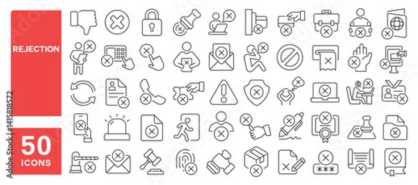 Fototapeta Set of 50 line icons related to rejection, deny, reject, refuse, delete, dismiss, wrong, negative, cancelation, decline, Editable stroke. Vector illustration