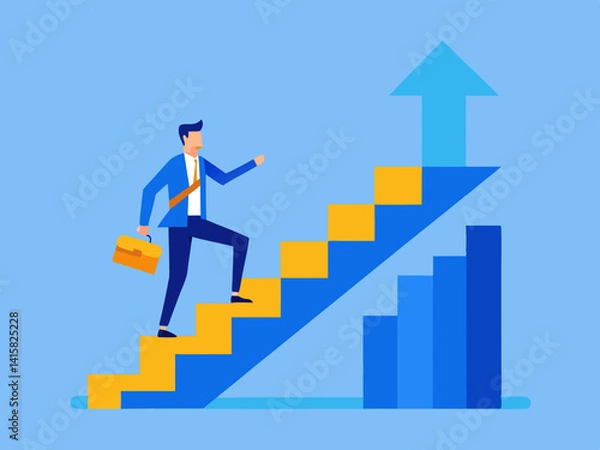 Fototapeta Businessman climbing stairs towards arrow with briefcase and graph in the background design is shown