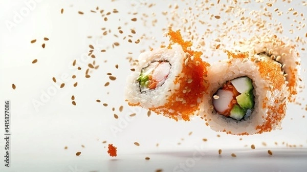 Obraz Flying Sushi Roll with Sesame Garnish