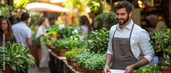 Fototapeta Young male shopkeeper in apron organizing plants in vibrant garden center filled with lush greenery and customers enjoying shopping