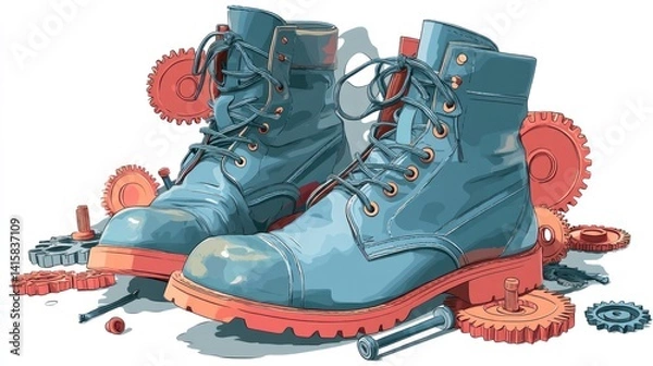 Fototapeta Work Boots with Gears and Mechanical Elements Still Life
