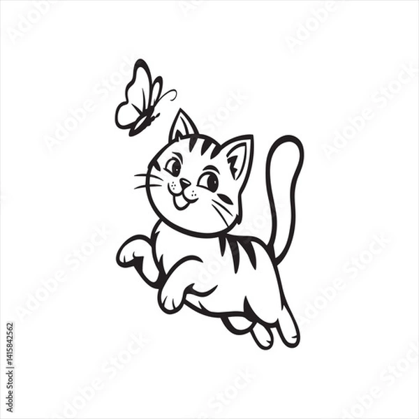 Fototapeta Cute illustration of a playful kitten with a wagging tail chasing a butterfly. 