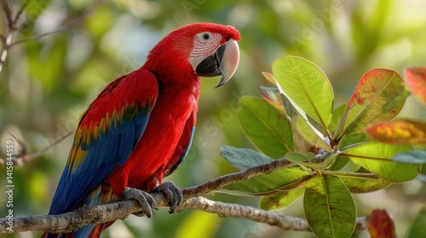 Fototapeta A colorful parrot with vivid red and blue feathers, perched on a tropical branch with lush green leaves and a sunny backdrop