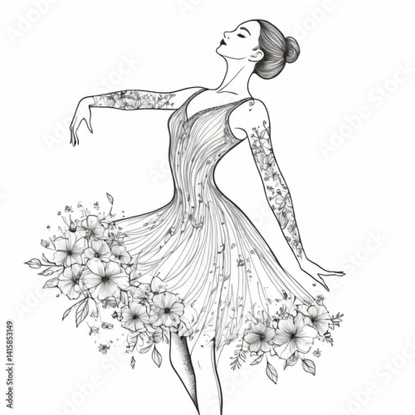 Obraz "Elegant line art of a ballerina made of flowers"

