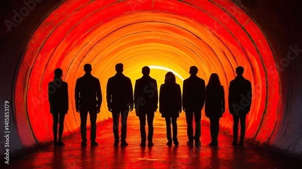 Fototapeta Silhouette figures in a vibrant, circular tunnel.