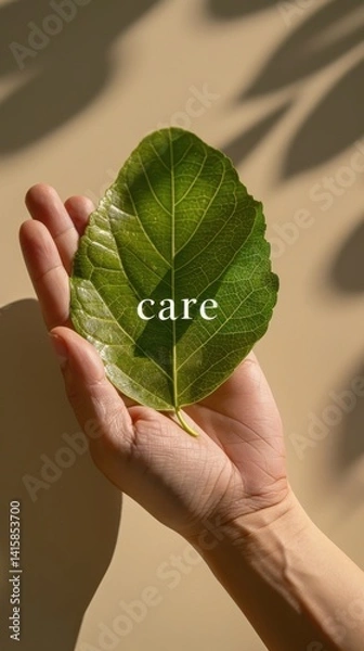 Fototapeta Vertical close-up of green leaf with “care” message resting in a hand, shot in natural warm light, ideal for Earth Day mindfulness, eco campaigns and sustainability visuals