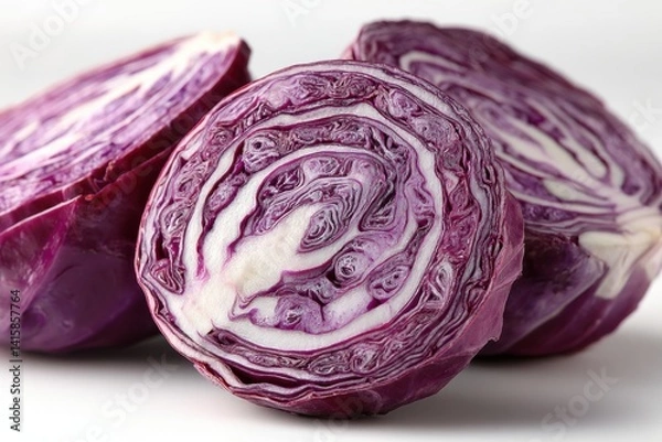 Fototapeta Close-up studio shot of sliced red cabbage, showcasing the detailed, layered patterns inside the vegetable, food photography concept for healthy eating and nutrition.