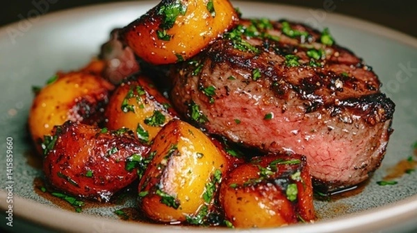 Obraz Grilled meat and roasted peaches dish delicious food photography for culinary websites and menus