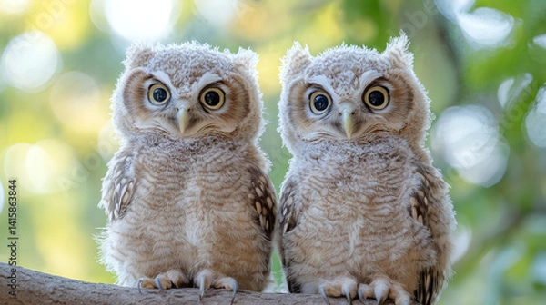 Obraz Adorable twin owlets perched on branch with soft background bokeh in sunlit forest