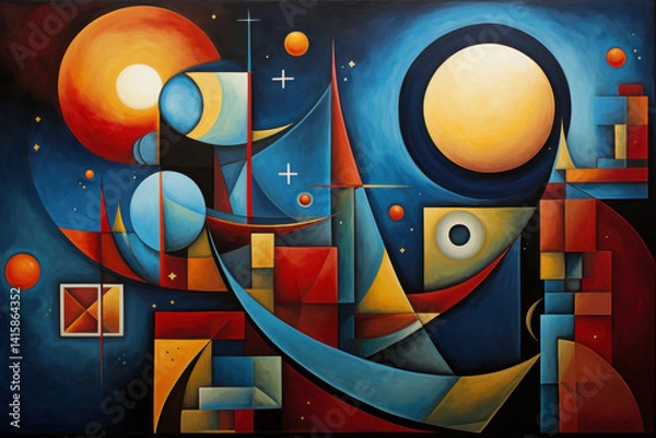 Fototapeta Cubist interpretation of a cosmic scene, planets and stars in geometric abstraction