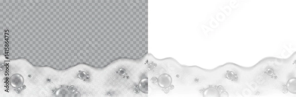 Fototapeta Foam effect isolated on transparent and white background. Soap, gel or shampoo bubbles overlay suds texture. Vector soapy template