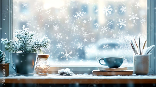 Obraz A Frosty Window with Delicate Snowflake Patterns