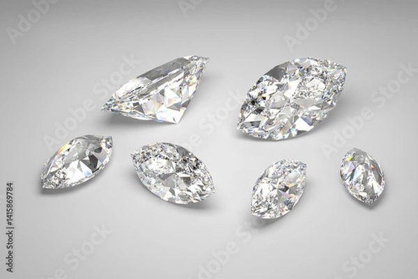 Fototapeta Scattering of diamonds of different sizes on the white background.  Exhibition of precious stones. Marquise cut. 3d rendering.