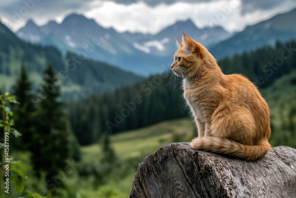 Fototapeta Cute ginger cat sitting on a log against the background of mountains