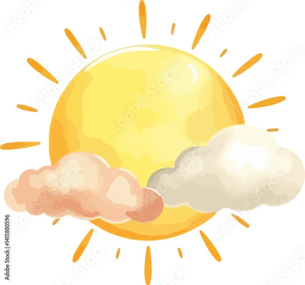 Obraz Sun and cloud watercolor vector illustration.