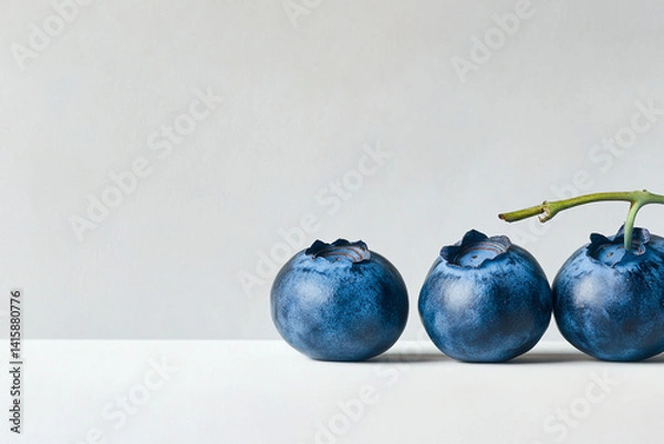 Fototapeta Close-up shot of four plump blueberries, glistening under soft light. Their deep blue hue and subtle texture are emphasized against a minimalist white background.