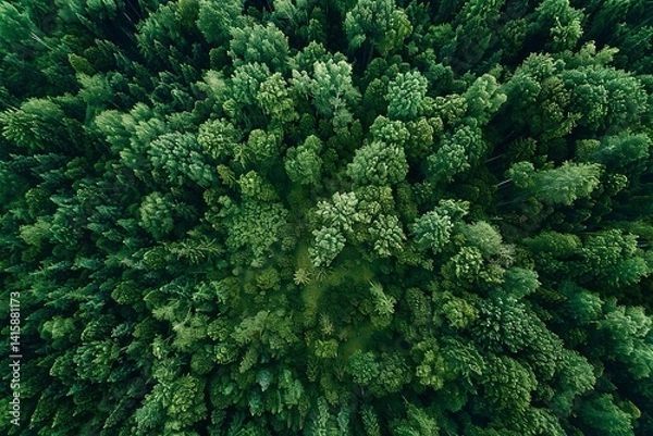 Fototapeta Aerial view of a dense green forest, captured by a drone, with a top-down perspective. The image is