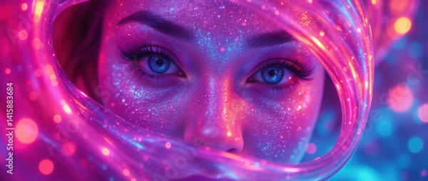 Obraz Ethereal portrait of a woman's face, focusing on the piercing blue eyes peeking through a vibrant, swirling, flowing scarf.