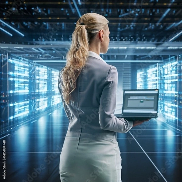 Obraz Back view of young businesswoman in shiny server room. Technology concept. Thunder warrior Chief Engineer at server room . Protection, precaution and security in business big data technology concept