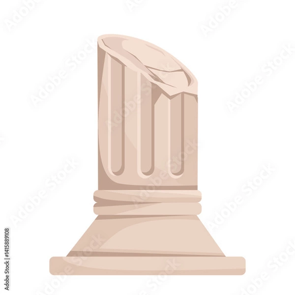 Obraz Damaged ancient stone column with fluted design, flat graphic style on white background. Concept of historic ruins or ancient architecture. Vector illustration