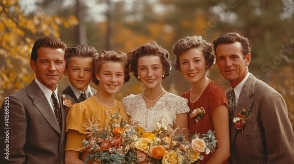 Fototapeta Family dressed in formal attire gathers in autumn setting for a group portrait, vintage style, with flowers and greenery