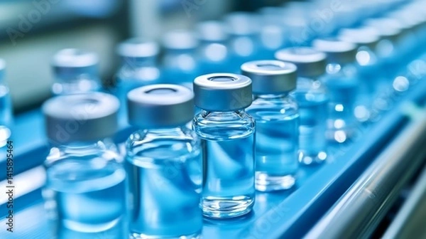 Obraz Vials of Antibiotics Flowing on a Conveyor Belt in a Serene Blue Setting, Inviting a Sense of Calm Amidst Medical Precision and Care