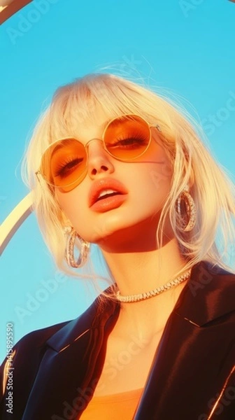 Obraz Captivating Blonde Model Showcasing Bold Fashion in Vibrant Summer Atmosphere With Stylish Accessories and Playful Elegance