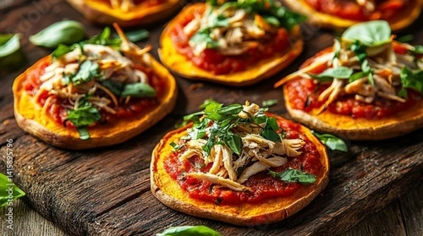 Obraz Mini Sweet Potato Pizzas With Tomato Sauce and Shredded Chicken on a Rustic Wooden Board Create an Inviting and Vibrant Meal Experience