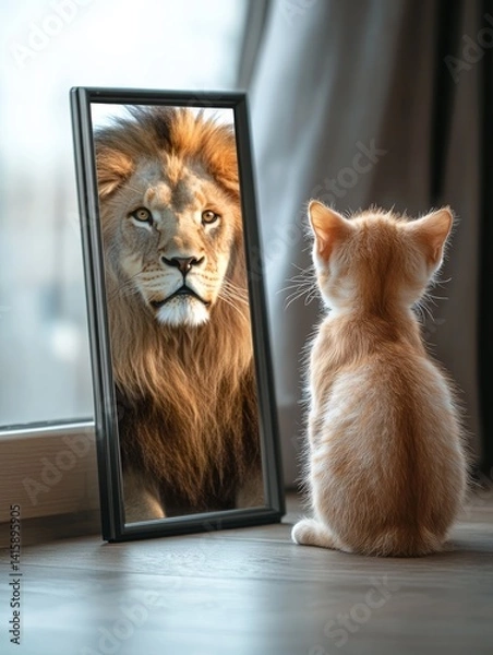 Fototapeta Reflecting on Bravery and Grace, a Small Kitten Gazes Into a Mirror, Encountering the Majestic Lion Within Its World, Blending Innocence With Power in a Minimalist Gray Setting