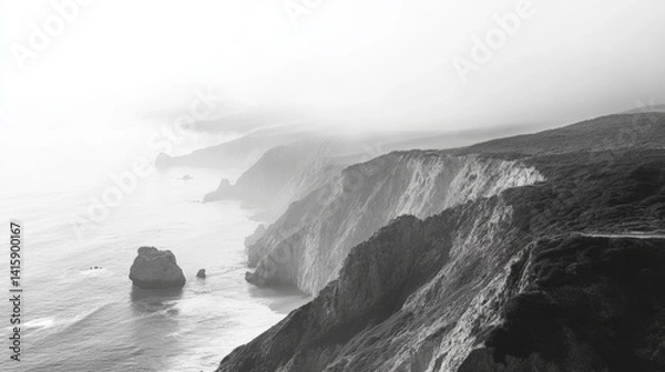 Fototapeta  Cliffs and sea stacks in foggy coastal landscape