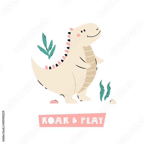 Obraz Funny cartoon dinosaur in hand drawn playful style. Adorable prehistoric design perfect for prints, posters, t-shirts, decor.