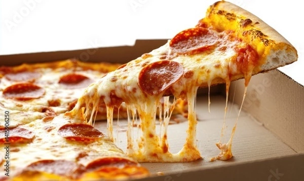 Fototapeta Delicious pepperoni pizza slice lifted from box, cheesy, white background; food photography