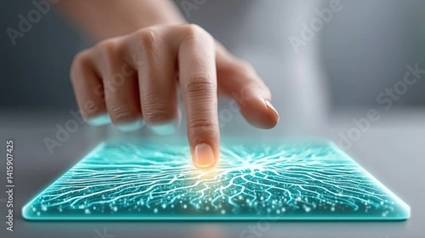 Fototapeta Futuristic touchless hologram displays for UI design, Hand interacting with a glowing digital interface showing connections. Public hologram station, air-touch control