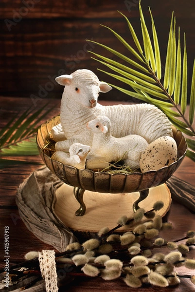 Obraz Easter card with lambs in metal bowl on wooden table