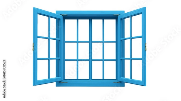 Fototapeta A rectangular glass opened window within a sturdy  
 blue frame, often made of metal providing clear visibility while offering support and structure isolated on white background or transparent png 
