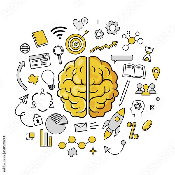 Obraz Yellow brain surrounded by business, technology, and creative icons in flat graphic style on white background. Concept of innovation and thinking. Vector illustration
