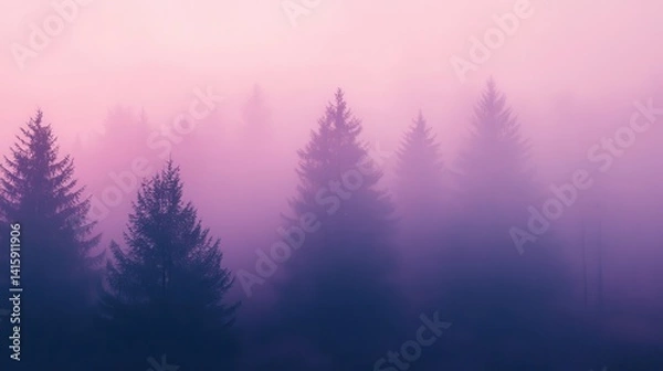 Fototapeta Misty dawn in a pine forest.