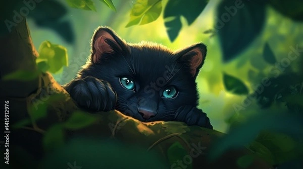 Fototapeta   A black cat with blue eyes emerges from a tree branch adorned with green leaves