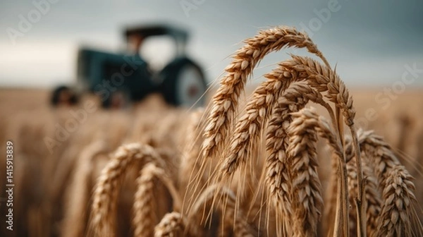 Obraz A panoramic view of a golden wheat field at sunset, with a farmer operating a vintage tractor in the distance
