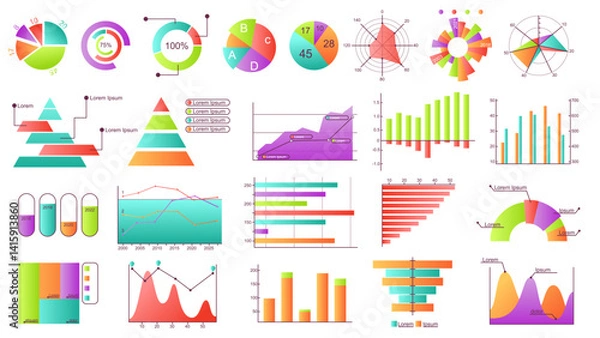 Obraz Collection of colorful infographic elements including pie charts, bar graphs, line charts, pyramids, and radar charts on white background. Vector illustration