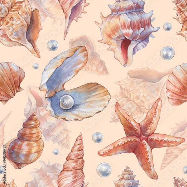 Fototapeta Watercolor seamless pattern underwater life objects with sea shells and sea stars on white background. Hand painting on paper. Perfect for textile, wallpaper and scrapbook design.