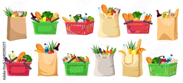 Obraz Set of grocery bags and baskets filled with vegetables, bread, and beverages on a white background. Concept of shopping and fresh food. Vector illustration