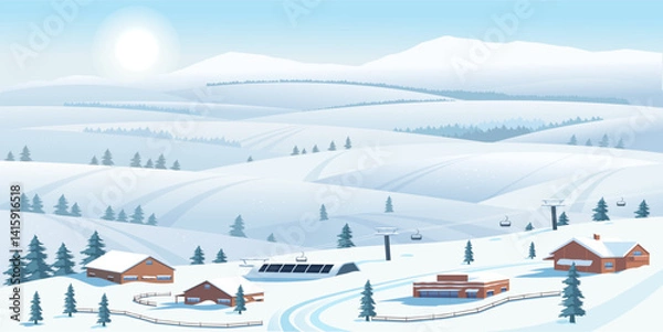 Obraz Snowy ski resort with cabins, chairlifts, and pine trees on hilly terrain, flat style, blue sky background. Concept of winter tourism. Vector illustration
