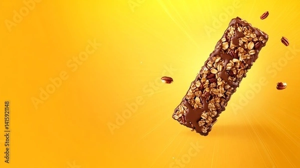 Fototapeta Granola bar covered in chocolate is floating in mid-air against a bright yellow background with pecans.