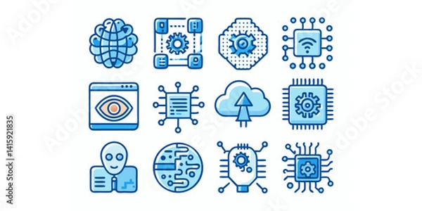 Fototapeta AI, Technology, and Data Processing Icons Representing Cloud Computing, Smart Devices, Machine Learning, and Global Connectivity Solutions