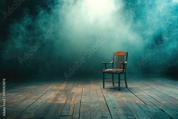 Fototapeta A solitary wooden chair sits on a weathered wooden floor in a dimly lit, smoky room.